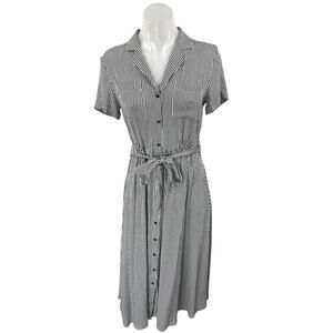 Monoprix Black White Striped Short Sleeve Belted Button Down Midi Shirt Dress 4